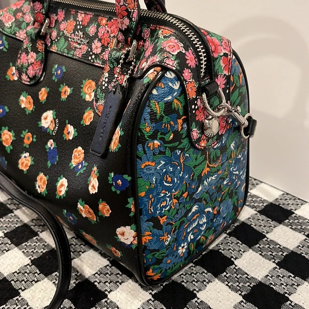 Coach Mini Bennett Black Satchel In Floral Mix Pattern Crossbody Silver Hardware - Picture 4 of 13